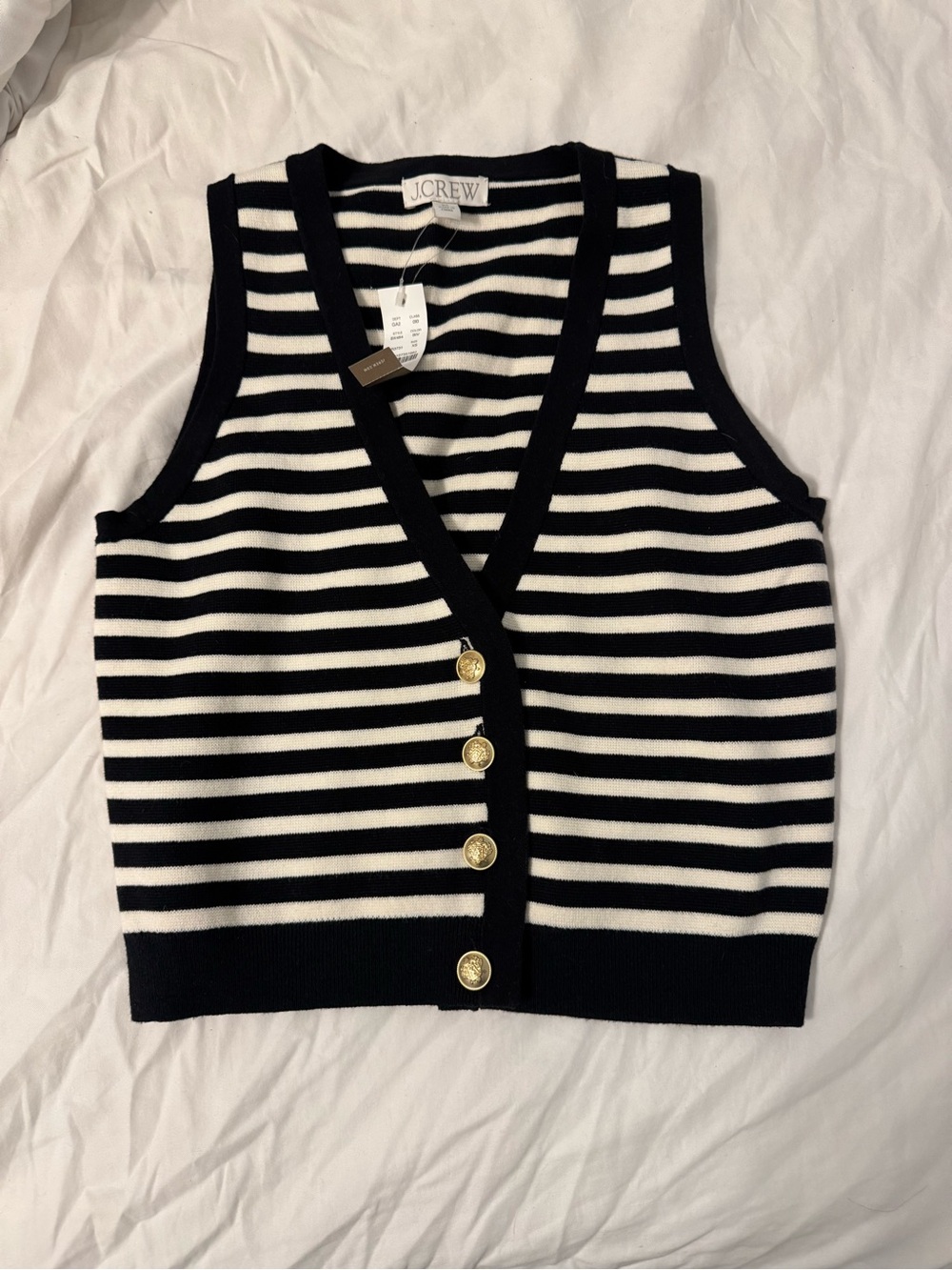 J. Crew Black and White Striped V-Neck Sweater Vest with Gold Buttons